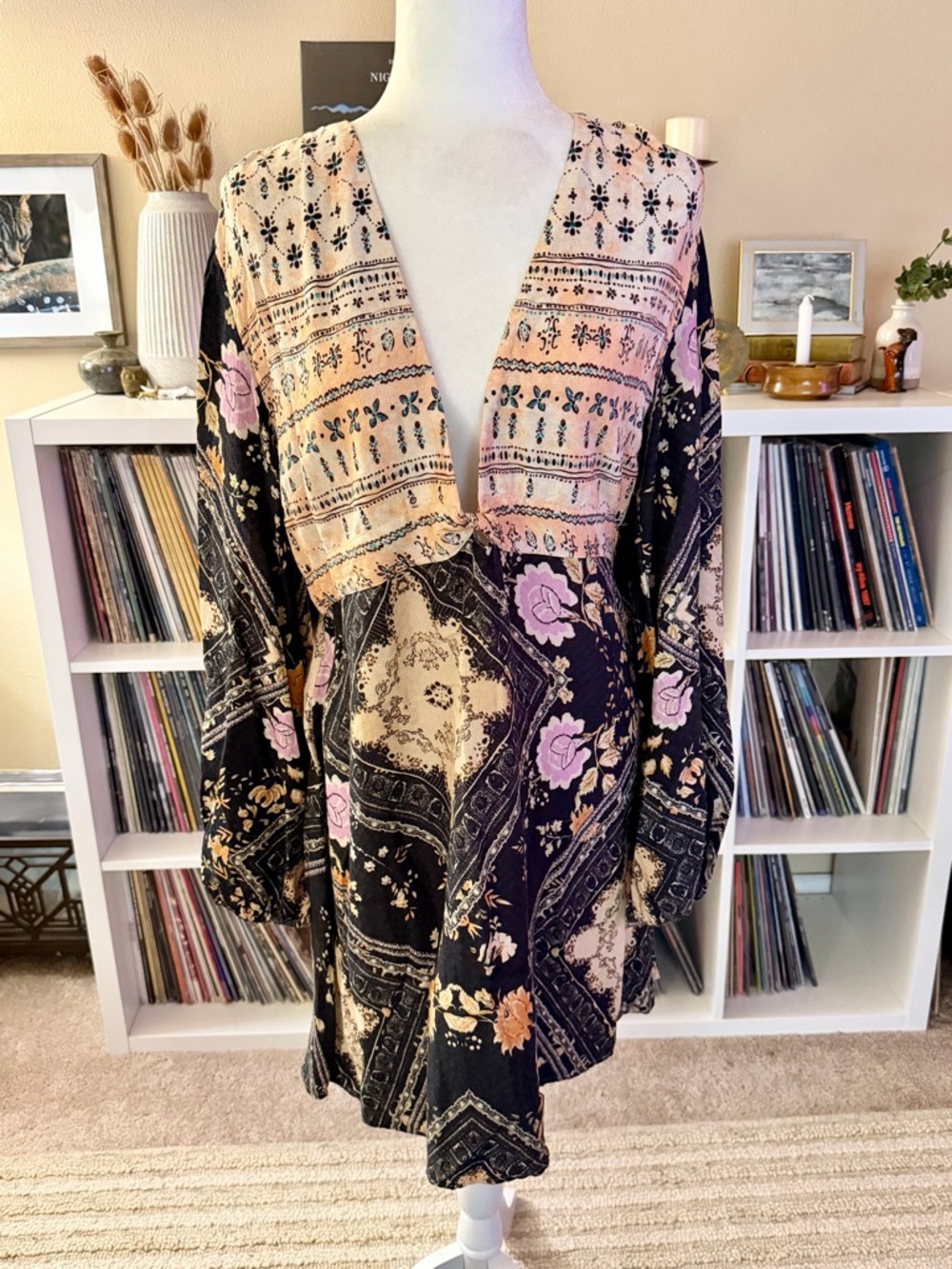 Free People Size XL Descanso Plunge Neck Blouson Long Sleeve Boho Mini Dress